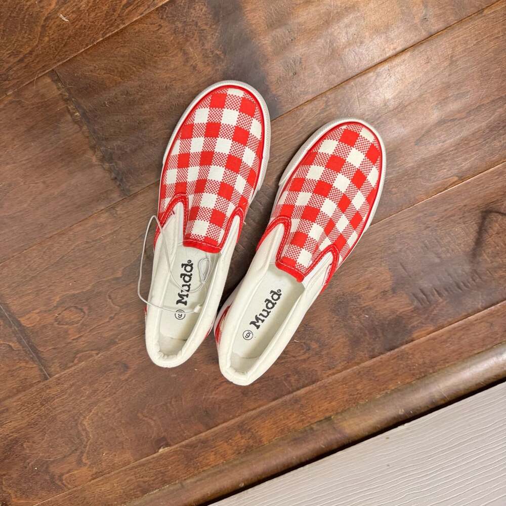 Mudd Slip-On Shoes Size 9 Red White Gingham Check Canvas Sneakers
